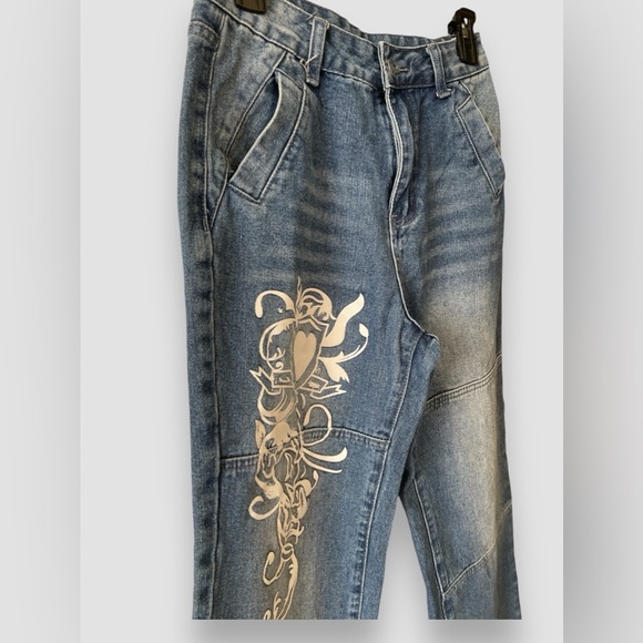 Women Low Rise Washed Baggy Jeans Heart Floral Graffiti Wide Leg Denim Sz Sm - Picture 4 of 7